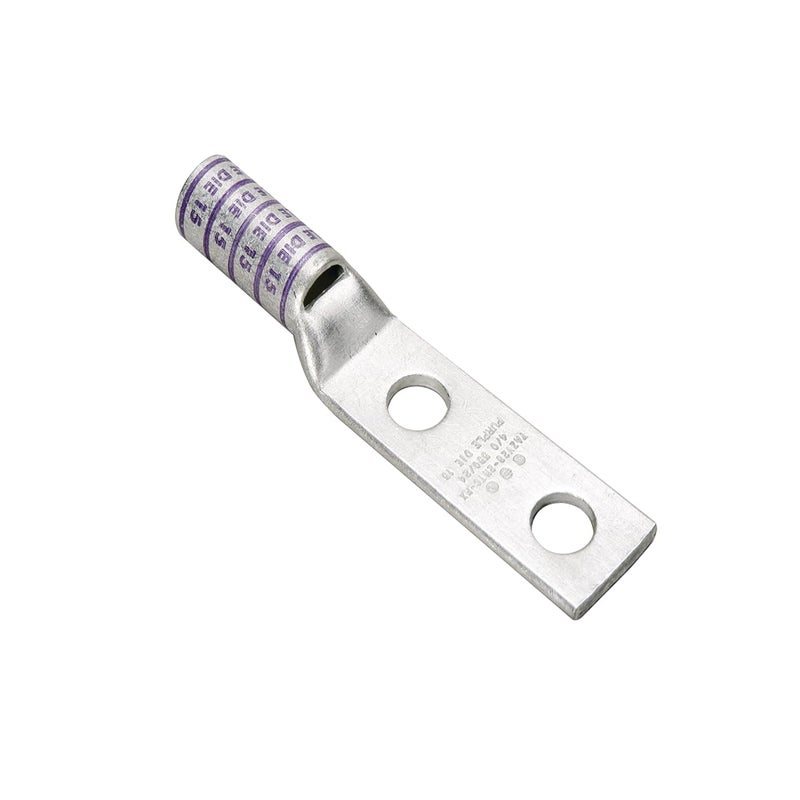 Burndy YAZ28-2NTC38 موصل نحاسي ببرميل طويل مع ثقبين ونافذة فحص، 4/0 AWG، حجم ثقب 3/8"، تباعد ثقب 1-3/4"، عرض لسان 1.02"، طول 4.74"، بنفسجي - Image 1
